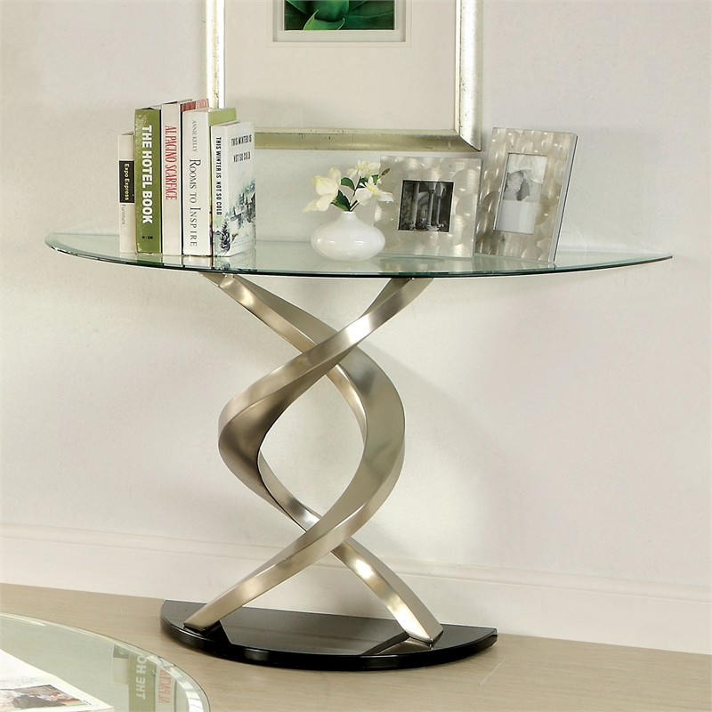 Furniture of America Crook Glass Top Console Table in Silver Satin Plated