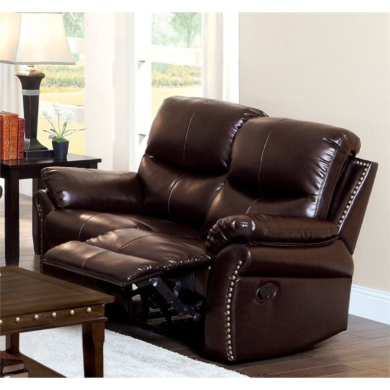 Furniture of America Wess Leather Reclining Loveseat in Dark Brown ...