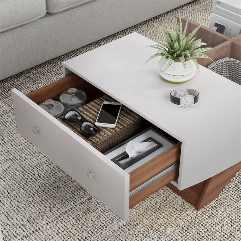 Furniture of America Mitch Wood Storage Coffee Table in White and Light Walnut