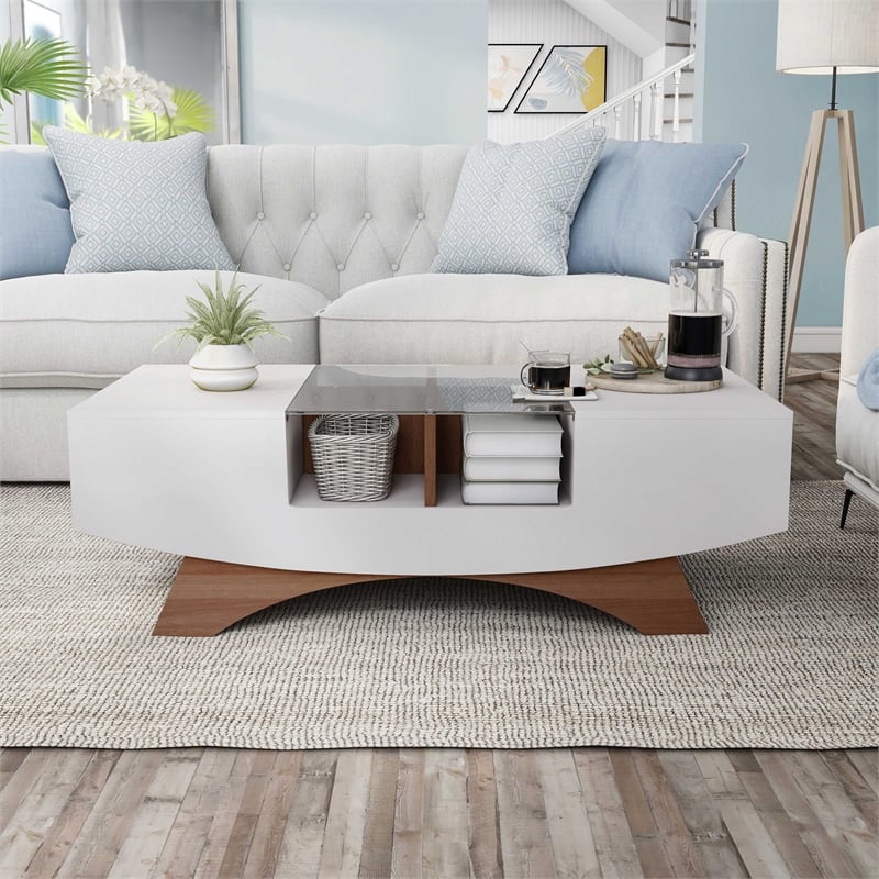 Furniture of America Mitch Wood Storage Coffee Table in White and Light Walnut