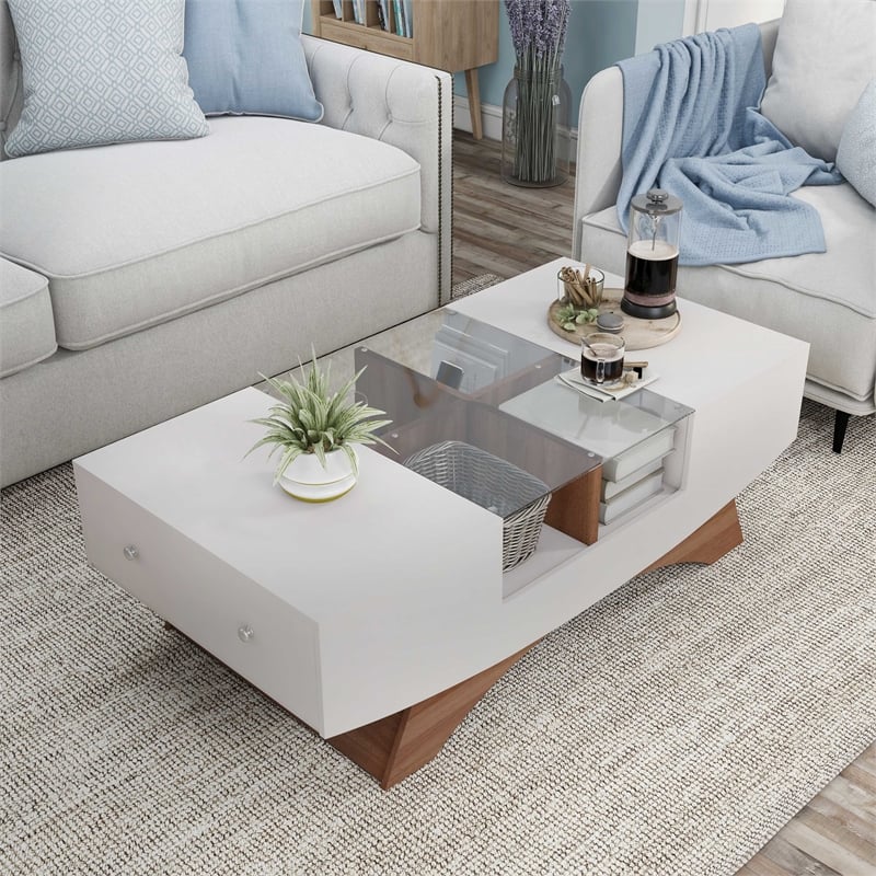 Furniture of America Mitch Wood Storage Coffee Table in White and Light Walnut