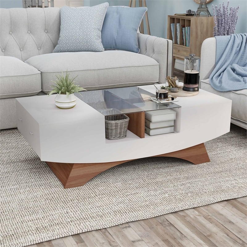 Furniture of America Mitch Wood Storage Coffee Table in White and Light Walnut