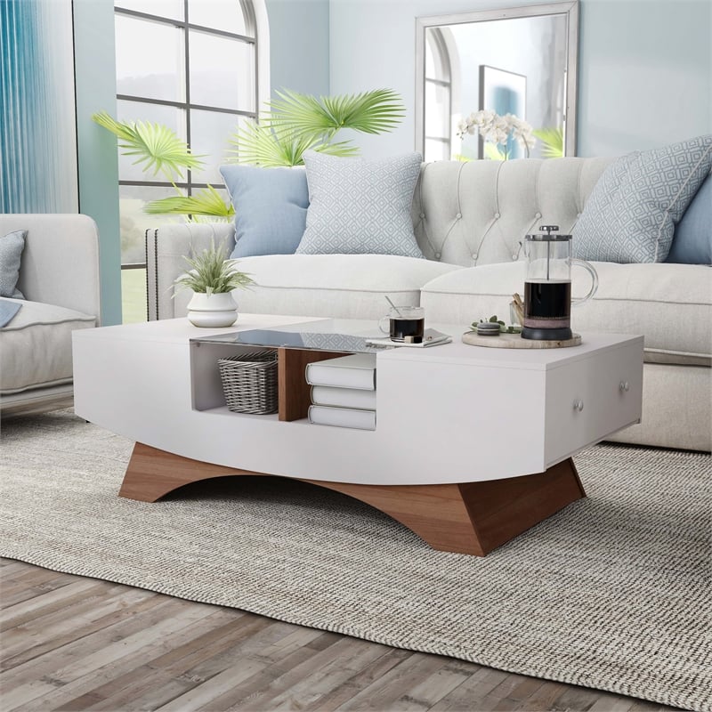 Furniture of America Mitch Wood Storage Coffee Table in White and Light Walnut