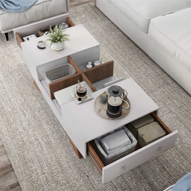 Furniture of America Mitch Wood Storage Coffee Table in White and Light Walnut