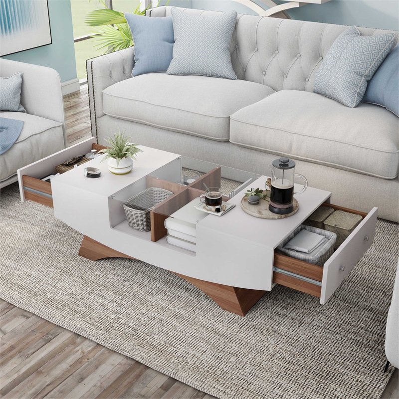 Furniture of America Mitch Wood Storage Coffee Table in White and Light Walnut