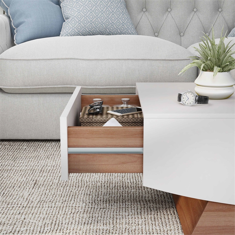 Furniture of America Mitch Wood Storage Coffee Table in White and Light Walnut