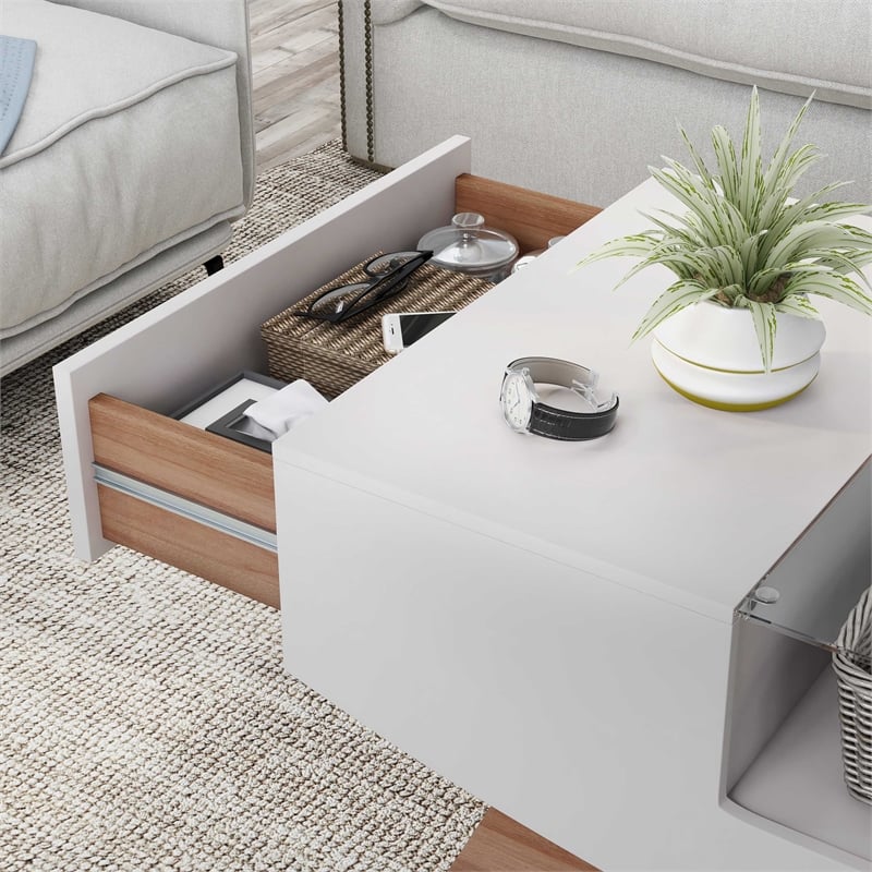 Furniture of America Mitch Wood Storage Coffee Table in White and Light Walnut