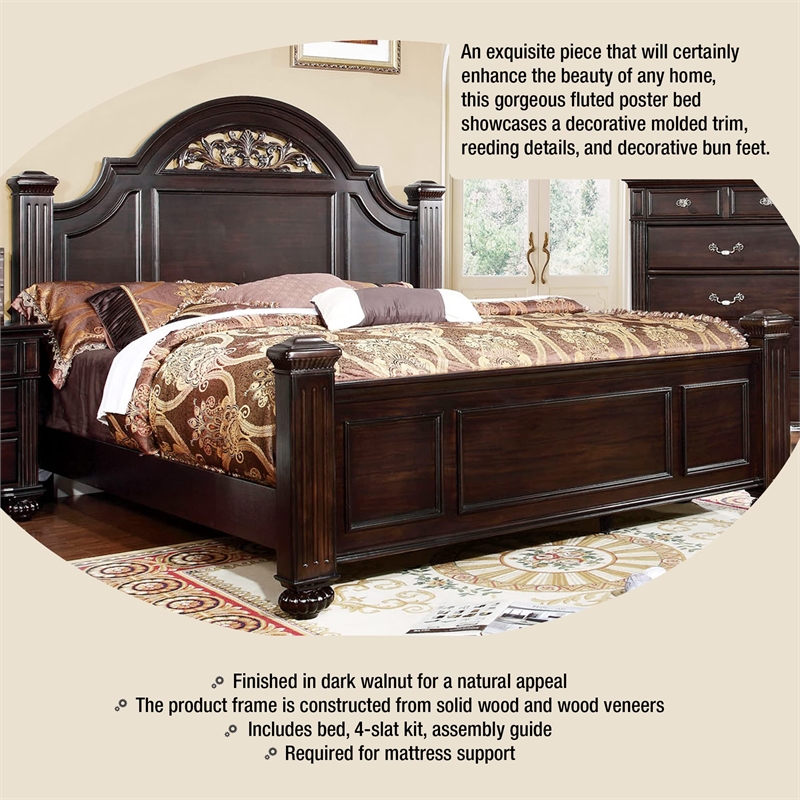 Furniture of America Damos Solid Wood King Panel Bed in Dark Walnut