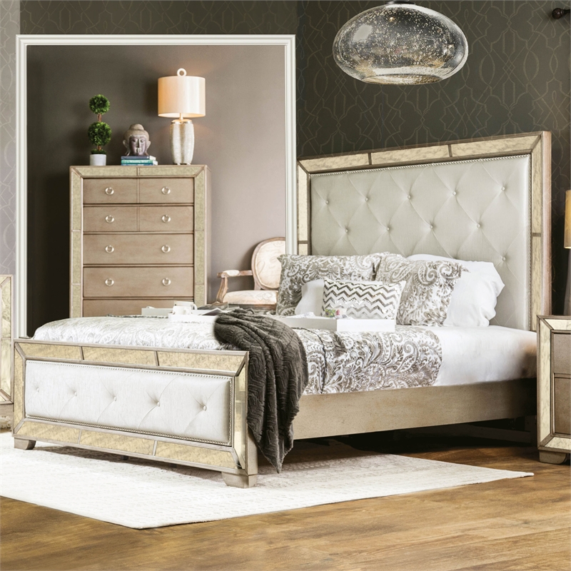 Furniture of America Celina Wood Queen Tufted Panel Bed in Gold Champagne