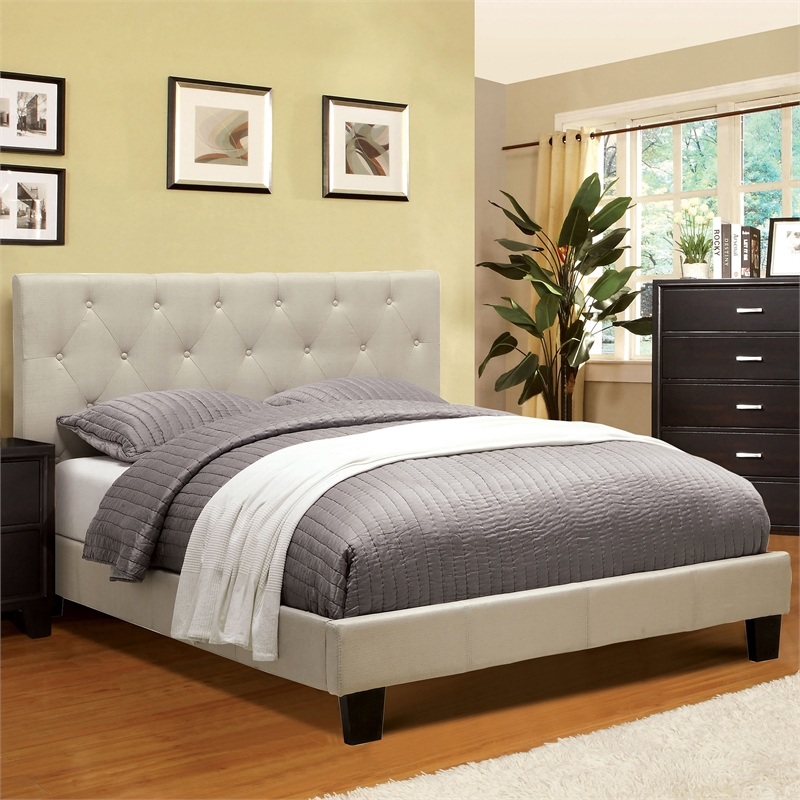 Furniture of America Warscher Fabric King Tufted Platform Bed in Ivory