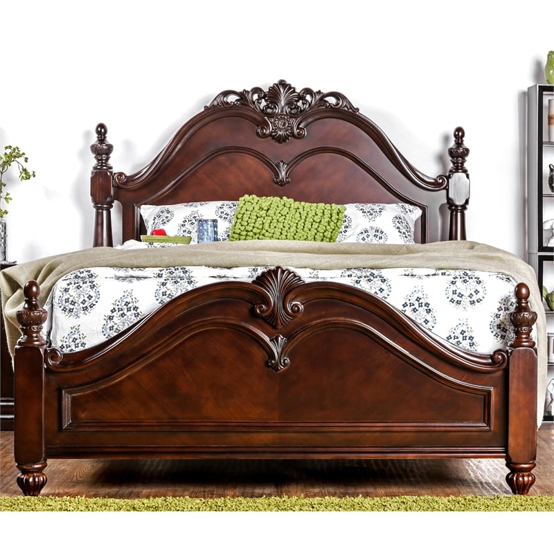 Furniture of America Ruben Traditional Wood Queen Poster Bed in Cherry