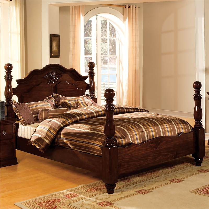 Furniture of America Hemps Solid Wood Four-Poster California King Bed in Brown