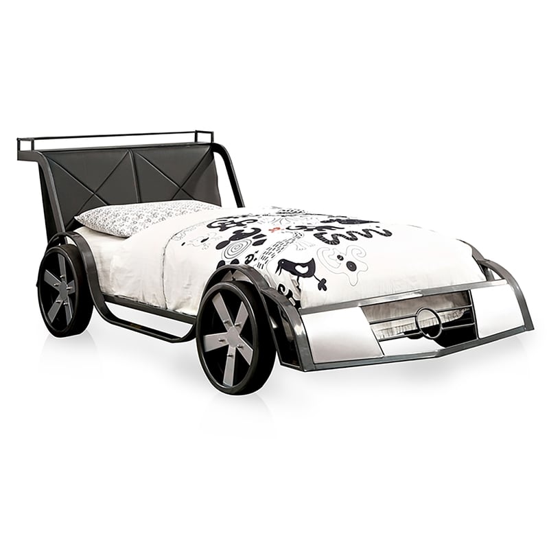 Furniture of America Sainz Metal Twin Racecar Bed in Gun Metal and Silver