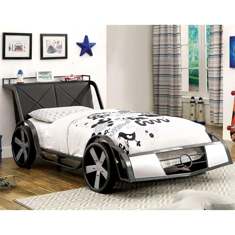 Furniture of America Sainz Metal Twin Racecar Bed in Gun Metal and Silver