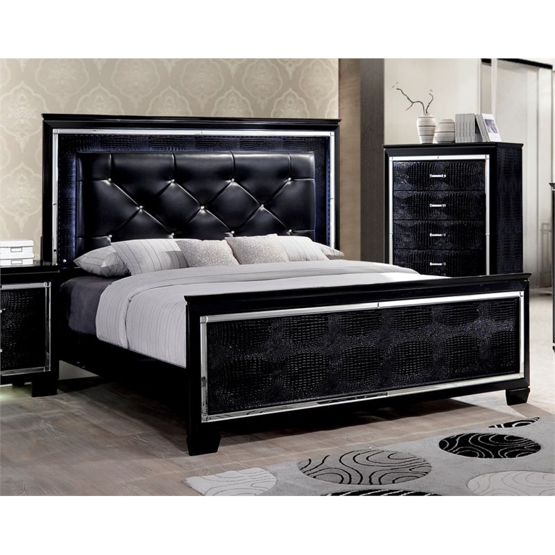 Furniture of America Rachel Faux Leather Queen LED Panel Bed in Black