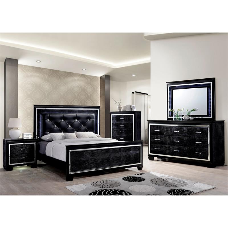 Furniture of America Rachel Faux Leather Queen LED Panel Bed in Black