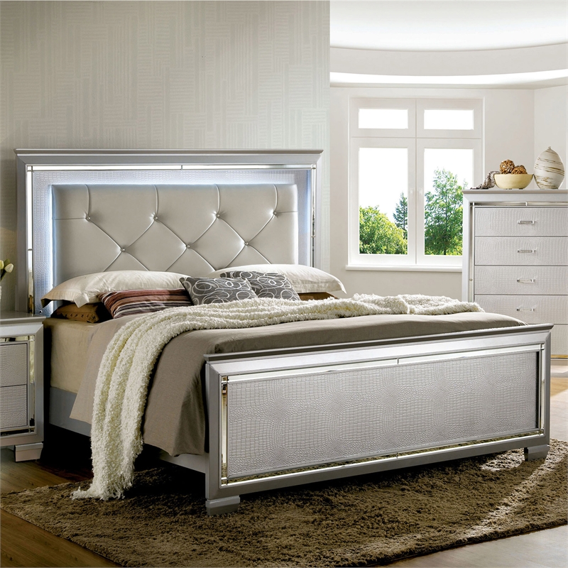 Furniture of America Rachel Faux Leather King LED Panel Bed in Silver