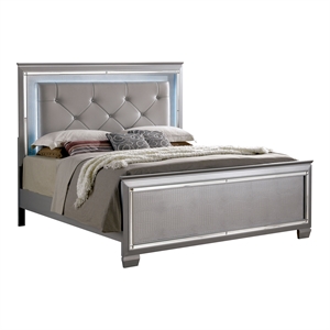 Furniture of America Rachel Faux Leather Queen LED Panel Bed in Silver