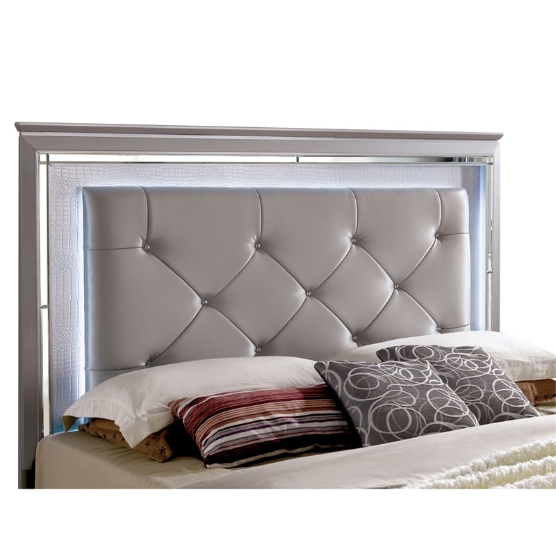 Furniture of America Rachel Faux Leather Queen LED Panel Bed in Silver