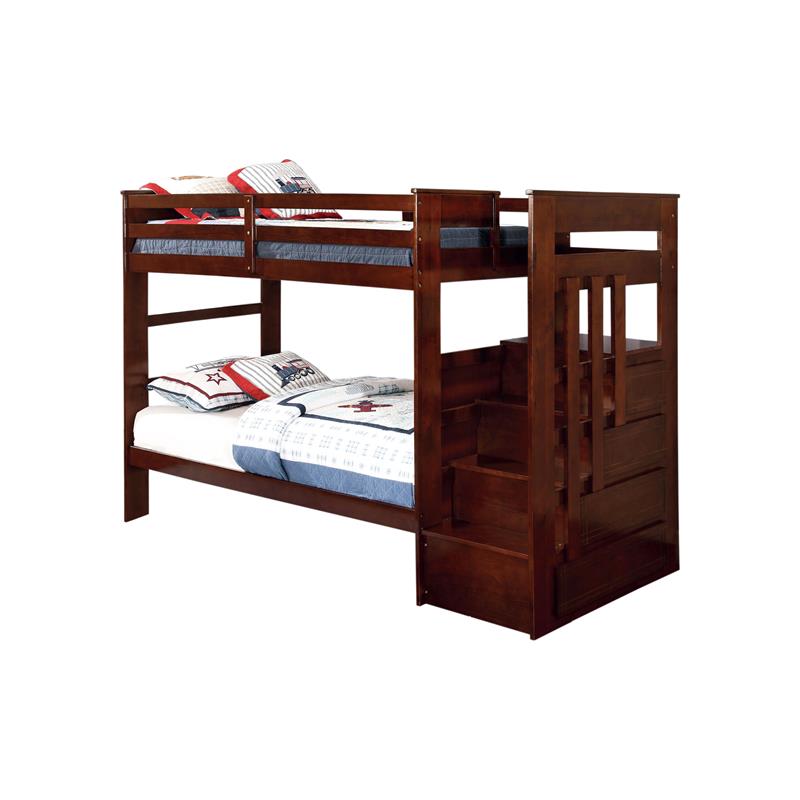 Furniture Of America Malvin Wood Twin Over Twin Dark Walnut Bunk Bed With Steps Idf Bk612