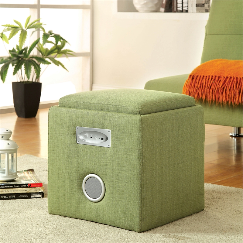 Furniture of America Larson Fabric Square Speaker Ottoman in Green