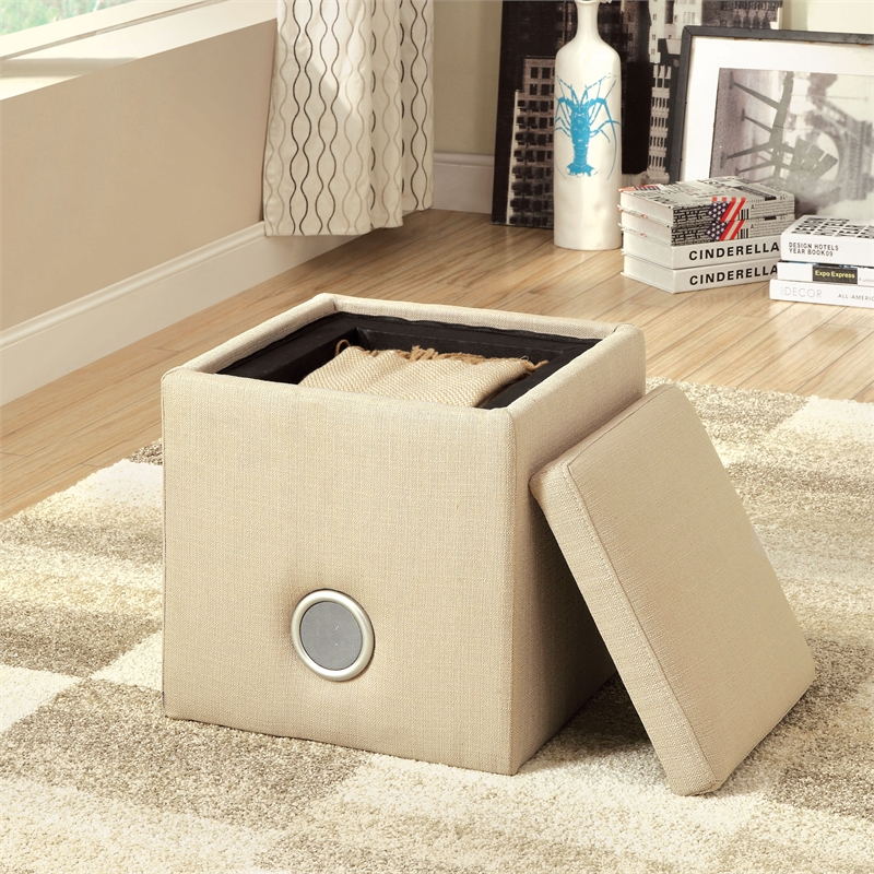 Furniture of America Larson Fabric Square Speaker Ottoman in Ivory