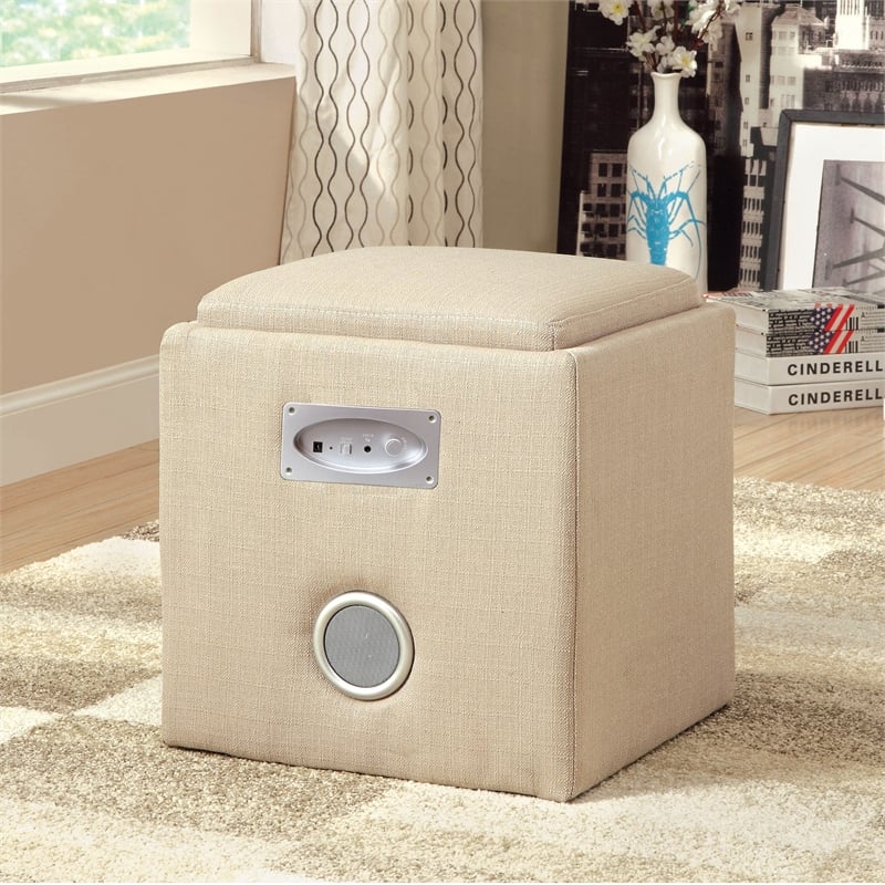 Furniture of America Larson Fabric Square Speaker Ottoman in Ivory