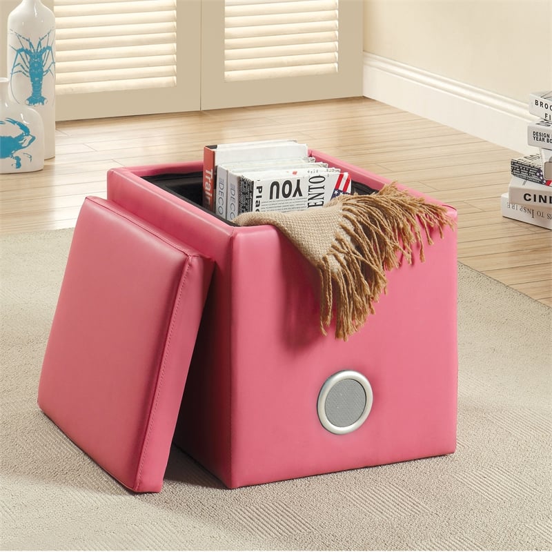 Furniture of America Larson Faux Leather Square Speaker Ottoman in Pink