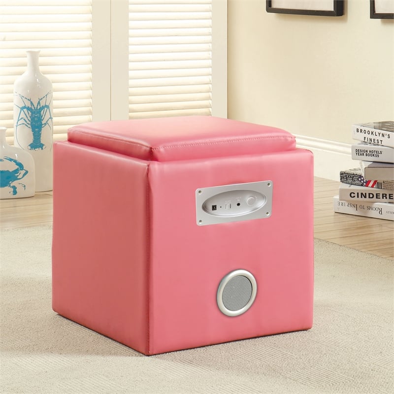 Furniture of America Larson Faux Leather Square Speaker Ottoman in Pink
