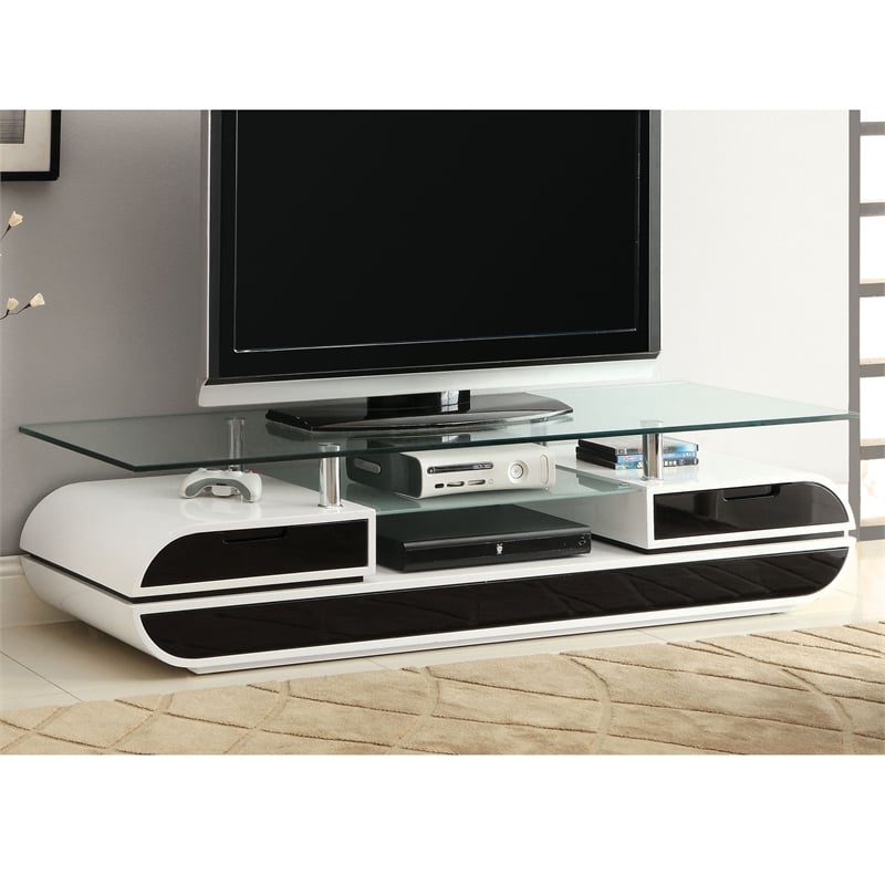 Furniture of America Duri Contemporary Glass Top TV Stand in White and Black
