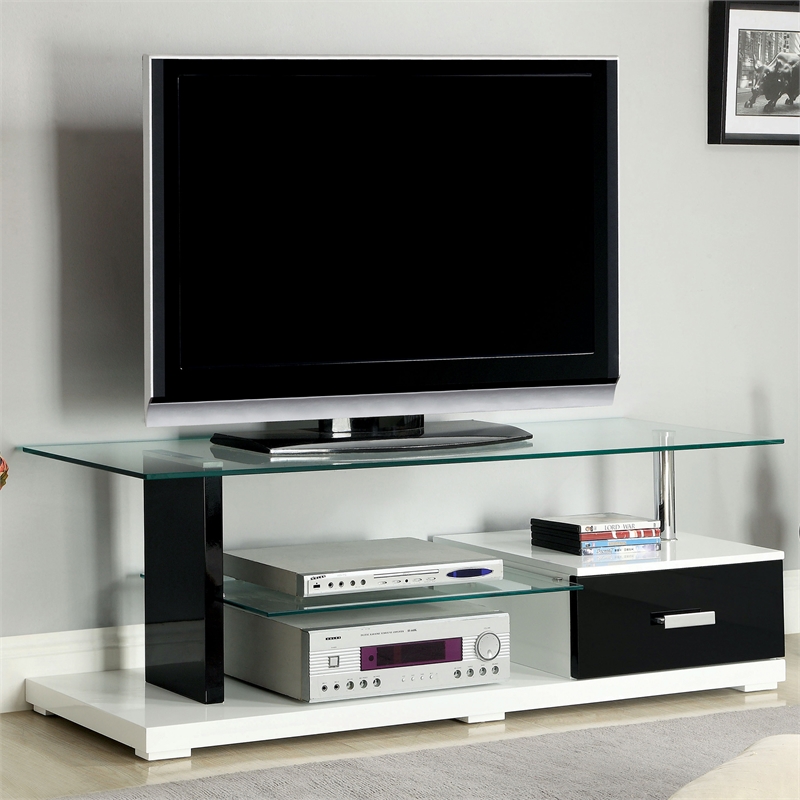 Furniture of America Seline Contemporary Glass Top TV Stand in White and Black