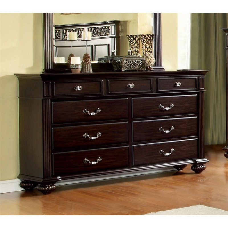 Furniture of America Damos Solid Wood 9Drawer Dresser in Dark Walnut