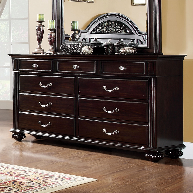 Furniture of America Damos Solid Wood 9-Drawer Dresser in Dark Walnut