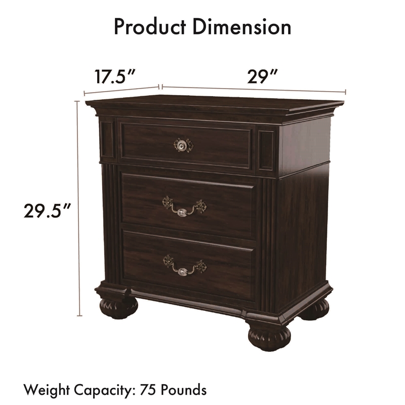 Furniture of America Damos Solid Wood 3-Drawer Nightstand in Dark Walnut
