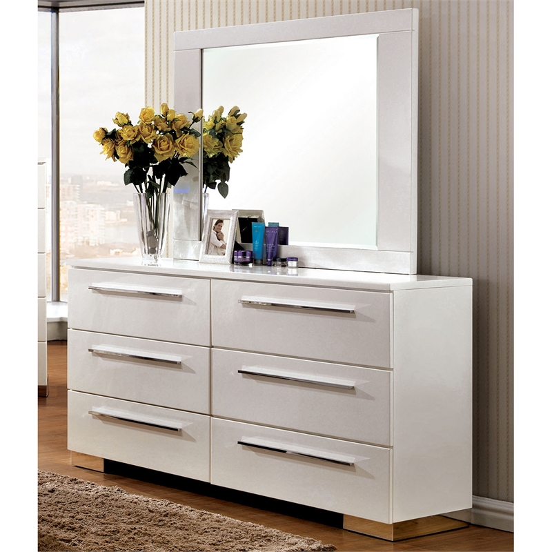Furniture of America Rayland Wood 6-Drawer Dresser and Mirror in Glossy White