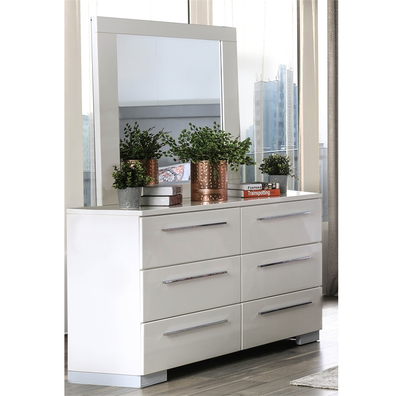 Furniture of America Rayland Wood 6-Drawer Dresser and Mirror in Glossy White