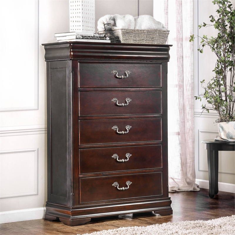 Furniture of America Ruben Traditional Solid Wood 5-Drawer Chest in Cherry