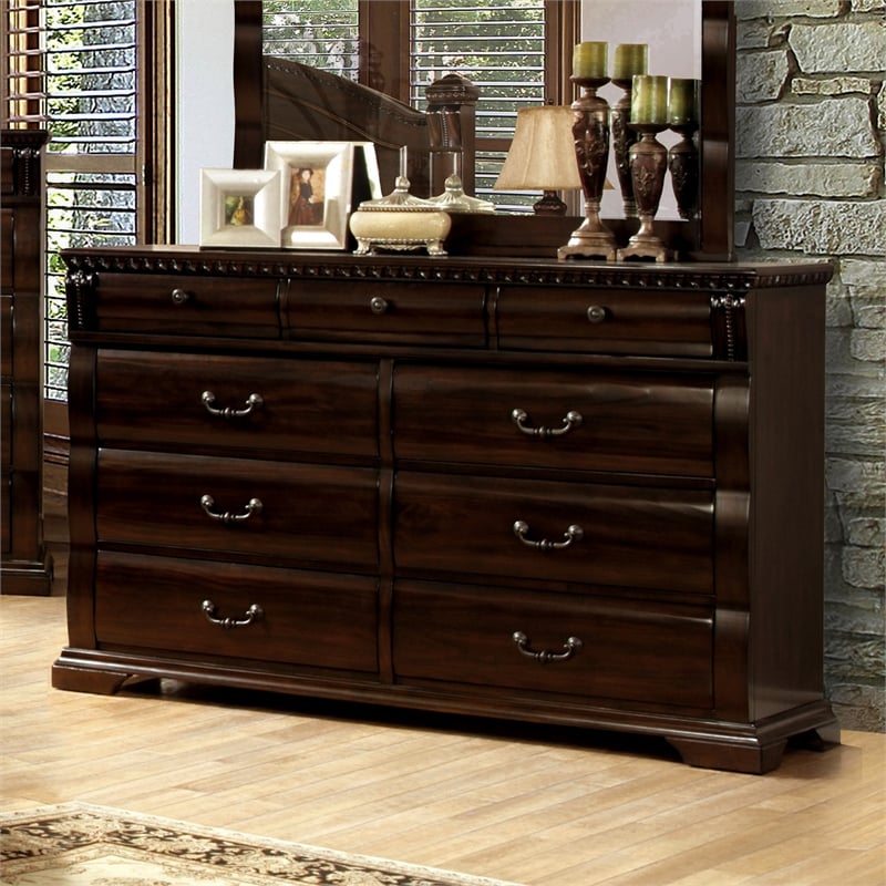Furniture of America Oulette Transitional Wood 9-Drawer Dresser in Cherry