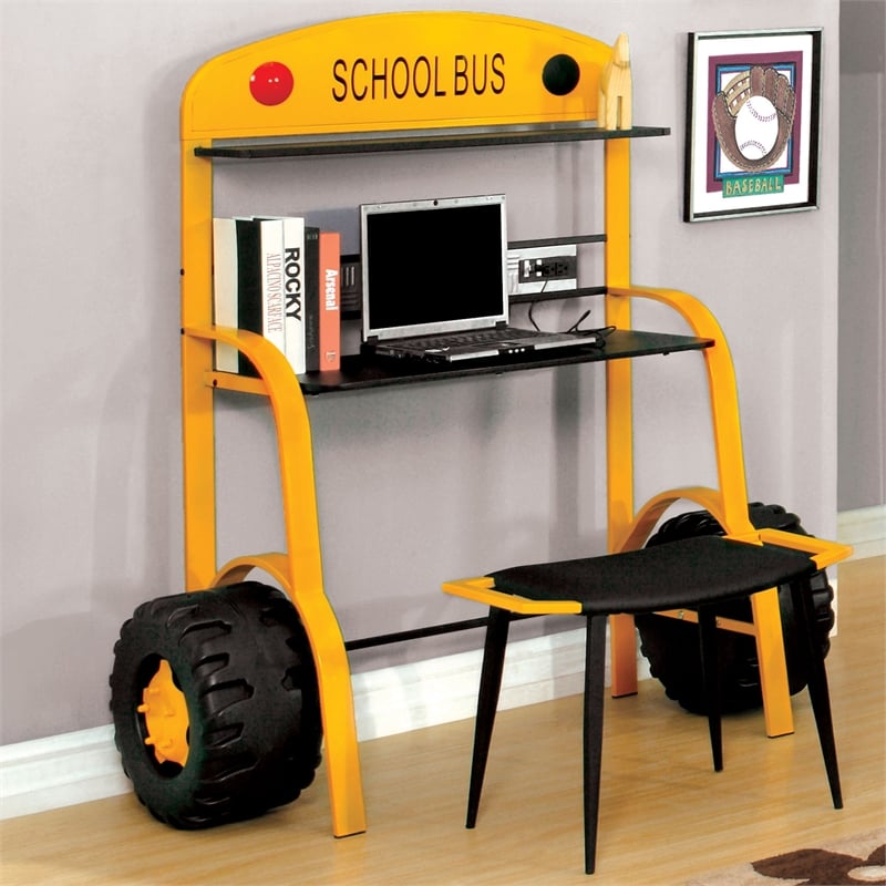 Furniture of America Rowell Novelty Metal Desk with Stool in Yellow