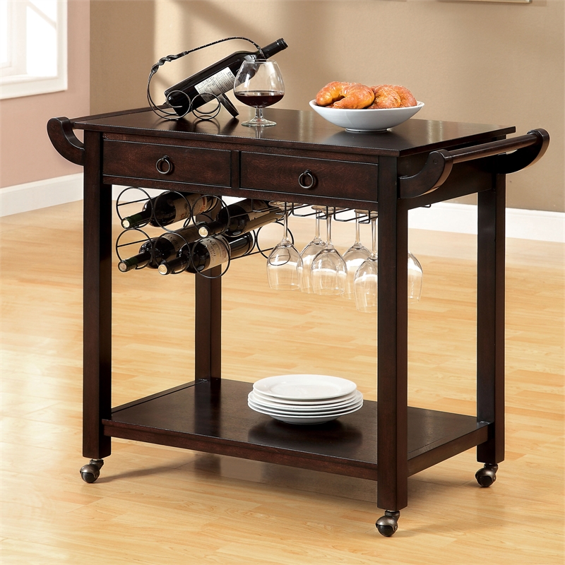 Furniture of America Reeve Wood Portable Kitchen Cart in Dark Walnut