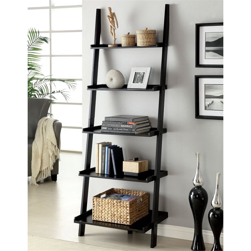 Furniture of America Dupre Transitional Wood 5-Shelf Ladder Bookcase in Black