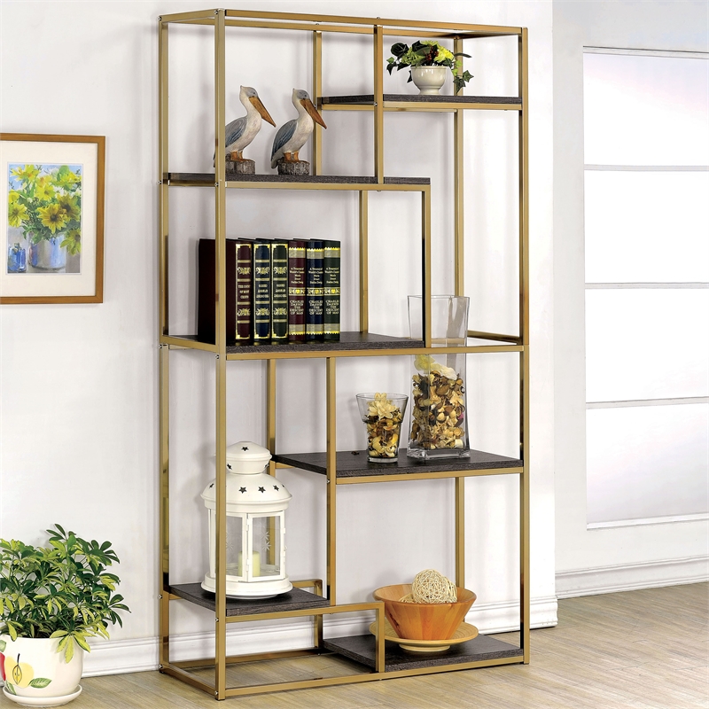 Furniture of America Jan Contemporary Metal 6-Shelf Bookcase in Gold Champagne