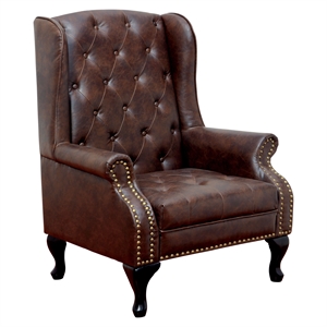 furniture of america ardell faux leather tufted wingback accent arm chair in rustic brown