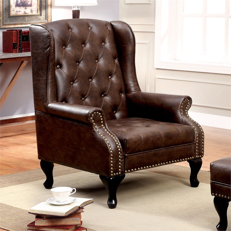 Furniture of America Ardell Faux Leather Tufted Accent Chair in Rustic Brown