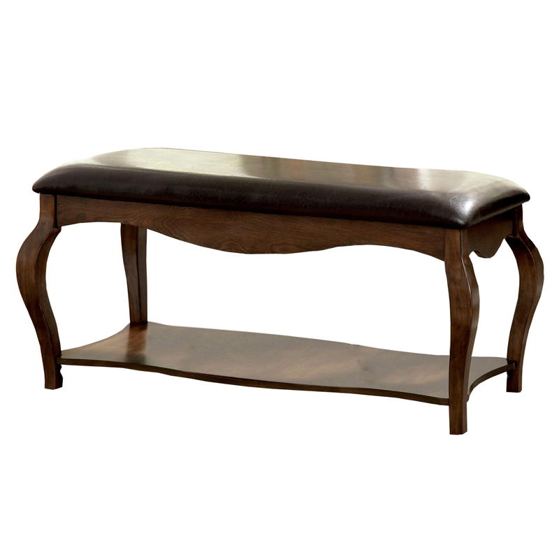 Furniture of America Mondor Faux Leather Padded Bench in Tobacco Oak