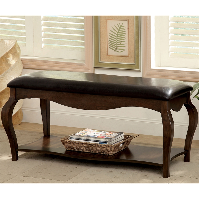 Furniture of America Mondor Faux Leather Padded Bench in Tobacco Oak