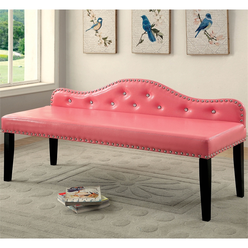 Furniture of America Dubose Contemporary Faux Leather Tufted Bench in Pink