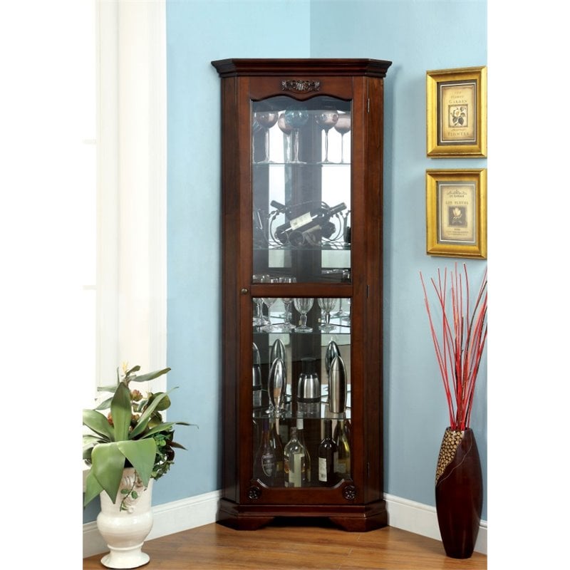 Furniture Of America Lennie Wood Corner, Corner Hutch Cabinet With Glass Doors