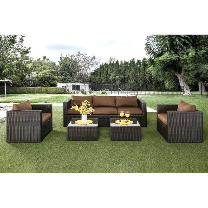 Furniture of America Marvin 5-Piece Faux Rattan Patio Sofa Set in Brown