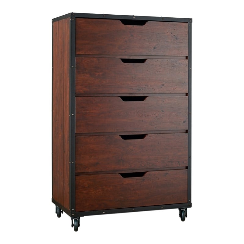Furniture of America Chevy Wood 5-Drawer Chest with Casters in Vintage Walnut